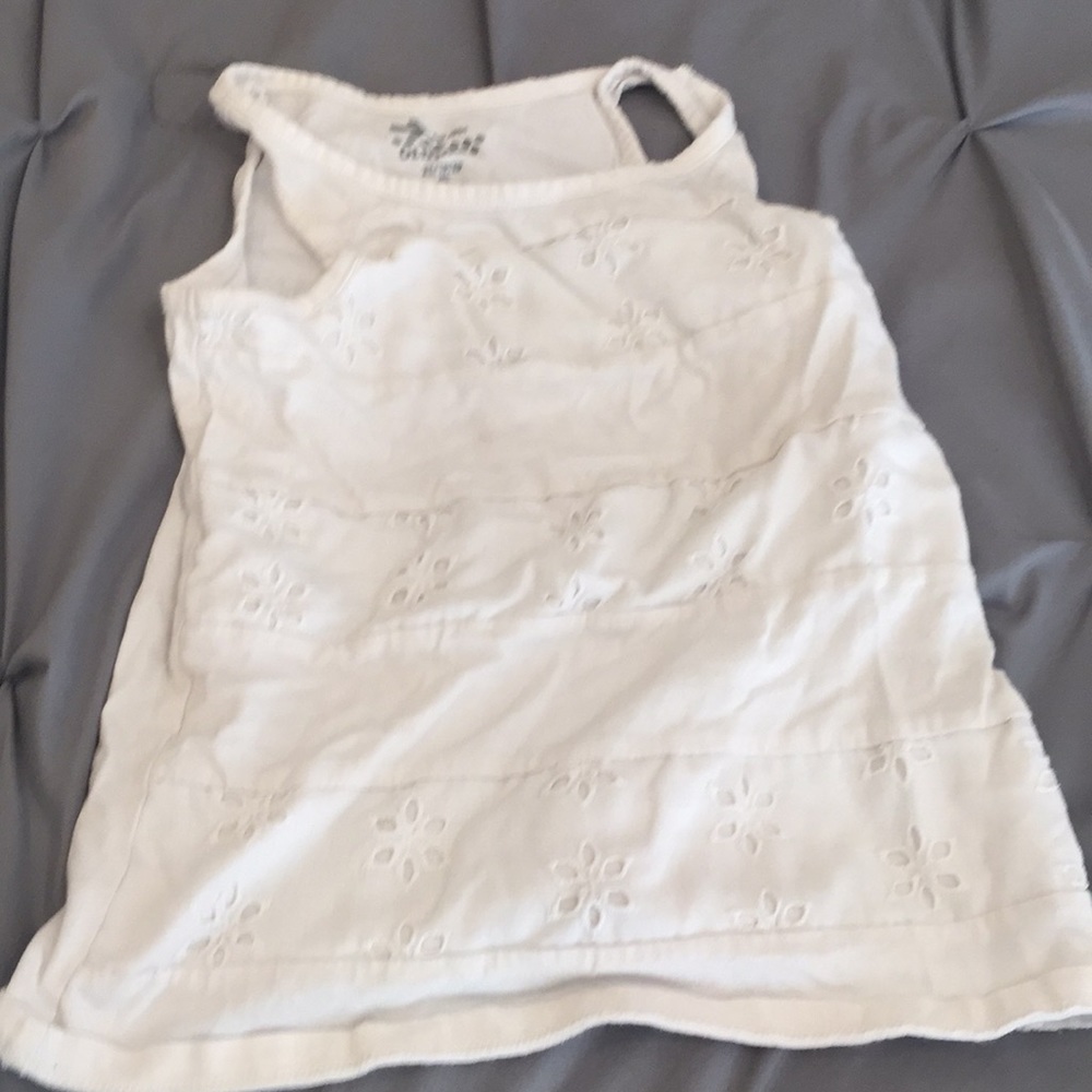 White Old Navy tank with floral decoration